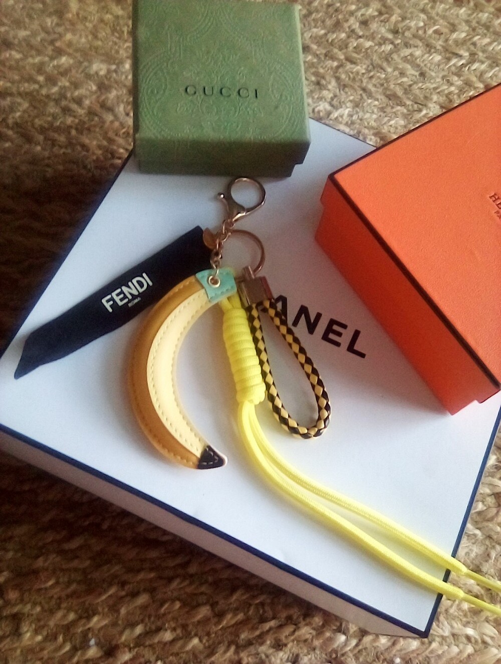 Handmade FENDI ribbon Accent Banana Yellow Rope Keychain Bag Charm - Picture 2 of 8
